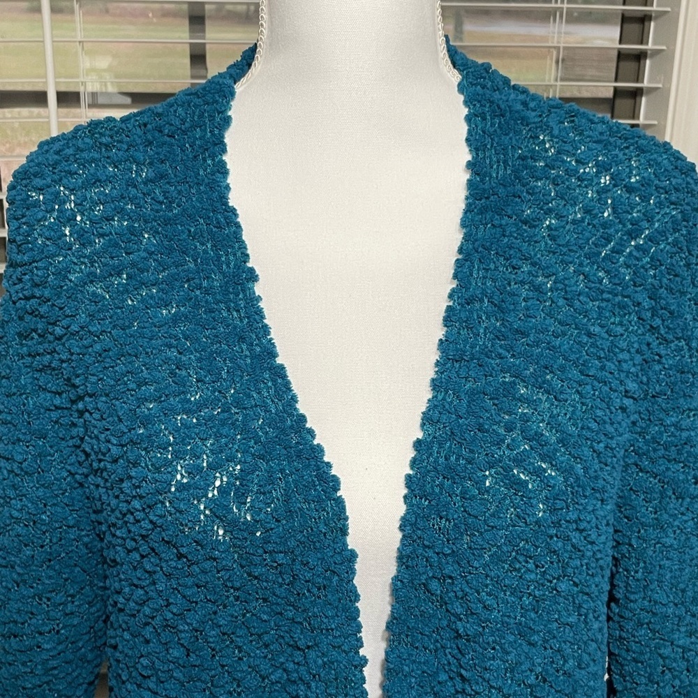 Zenana Teal Popcorn Knit Open Front Cardigan with 2 pockets Size L - Picture 3 of 11
